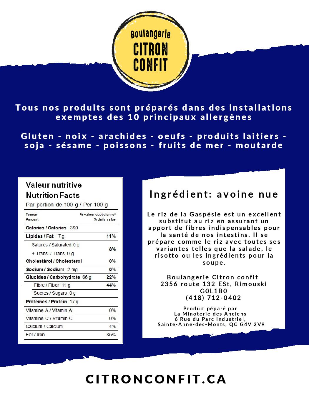 Avoine nue (riz de la Gaspésie) - Boulangerie Citron Confit