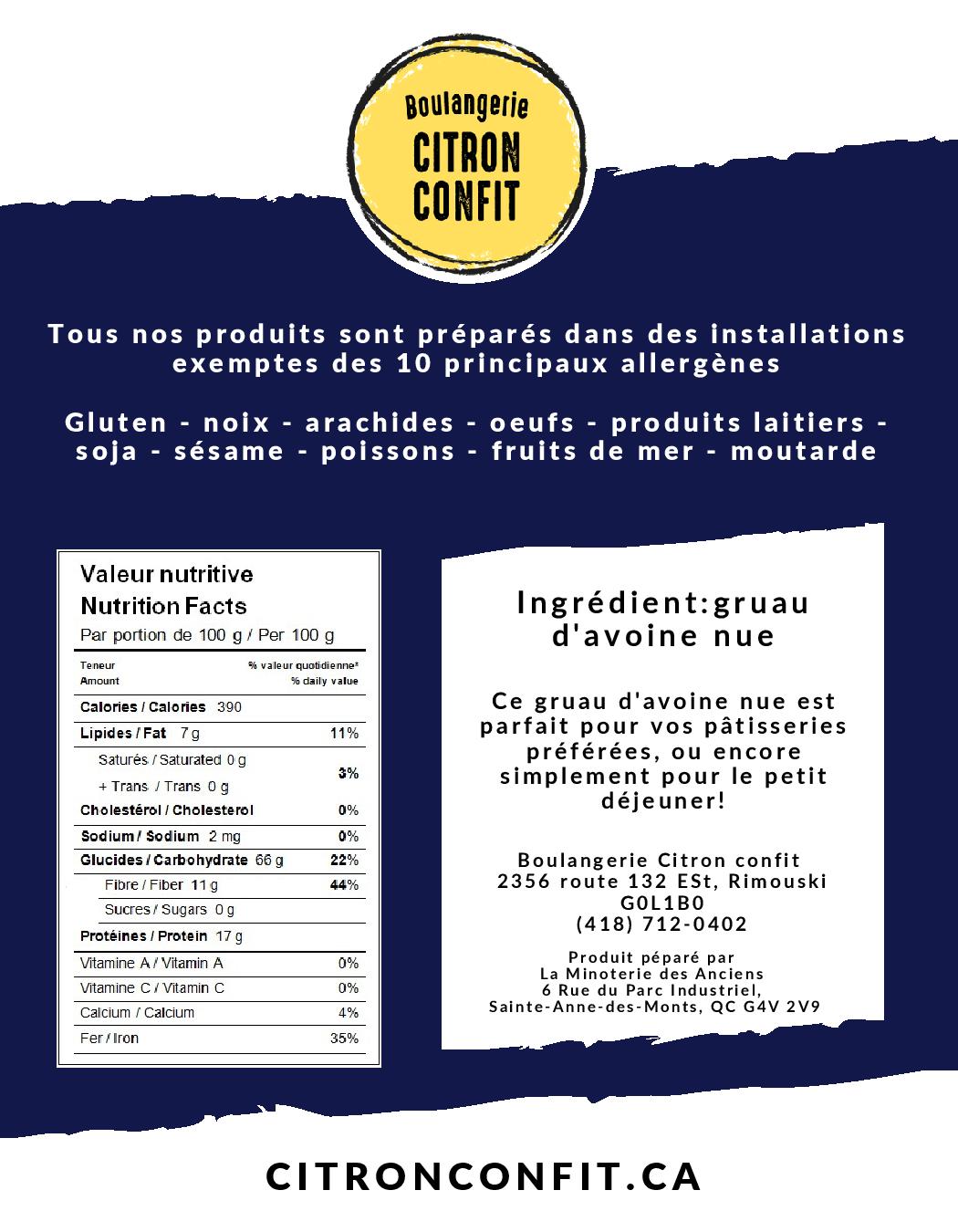 Gruau d'avoine nue - Boulangerie Citron Confit